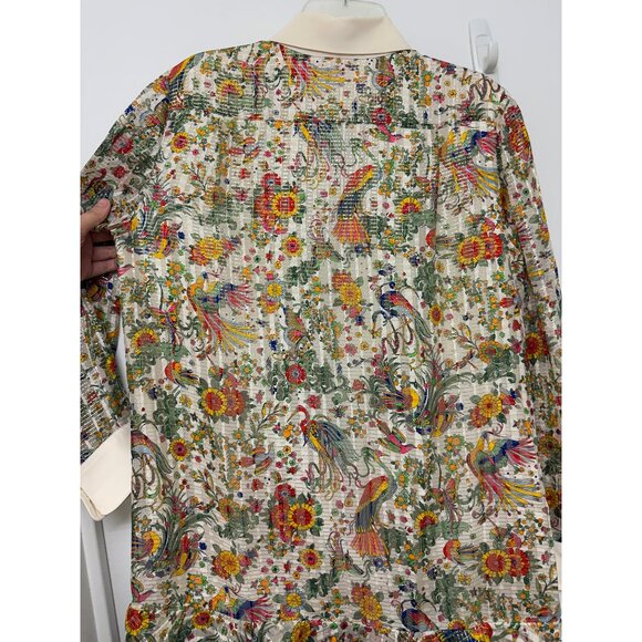 Tory Burch Promised Land Bird Peacock Floral Print Mini Dress Metallic Silk 8 - Picture 13 of 16